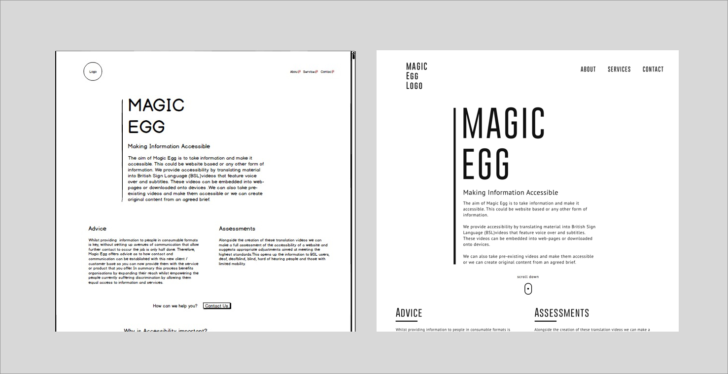 Wireframe and mockup images of the Magic Egg Homepage