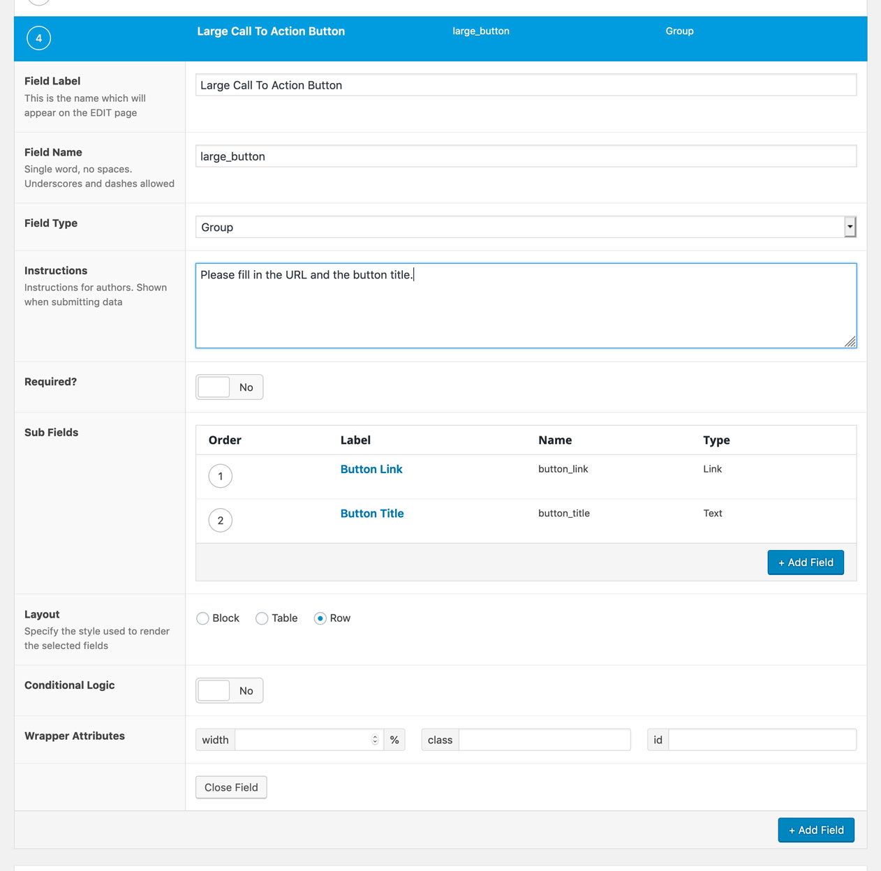 Edit call to action button fields