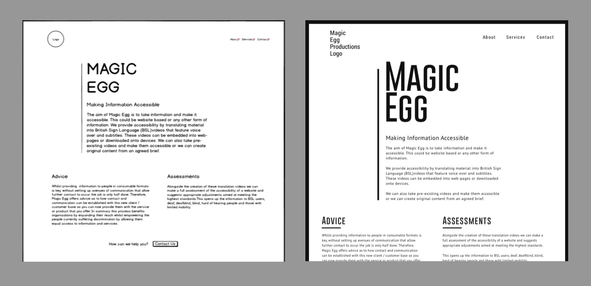 Wireframes for Magic Egg Productions website