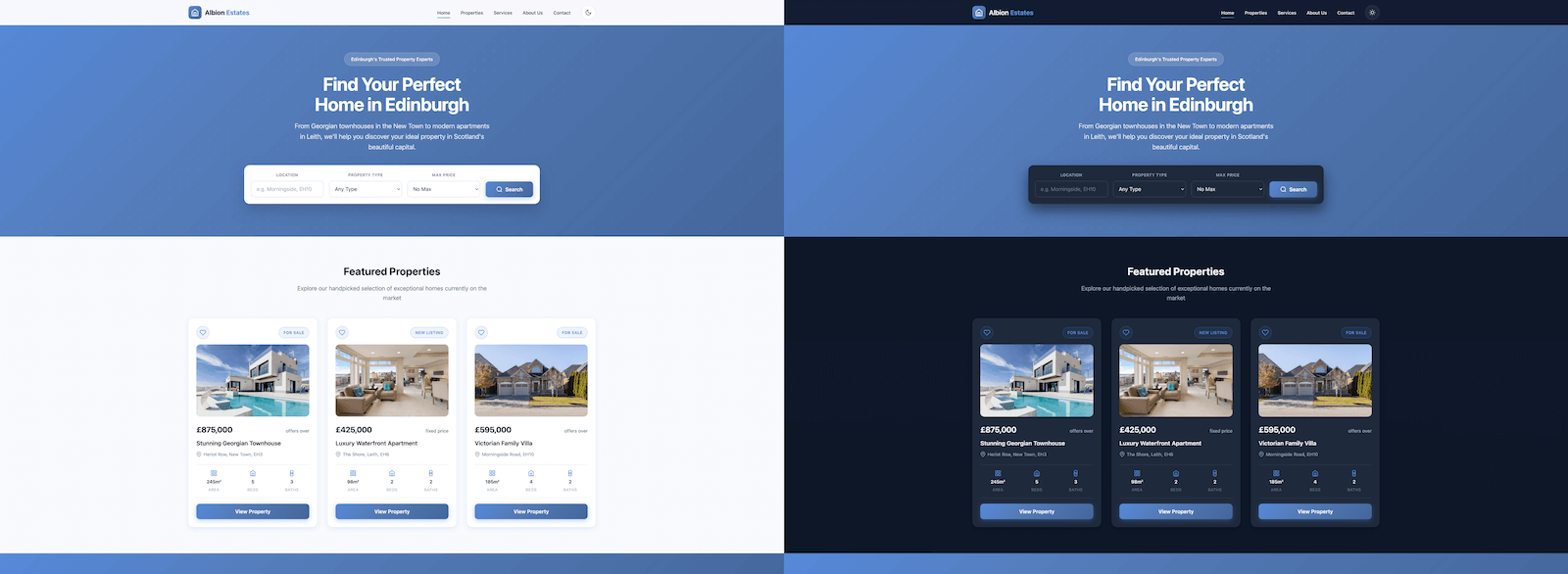 Property agency website shown in both light mode and dark mode